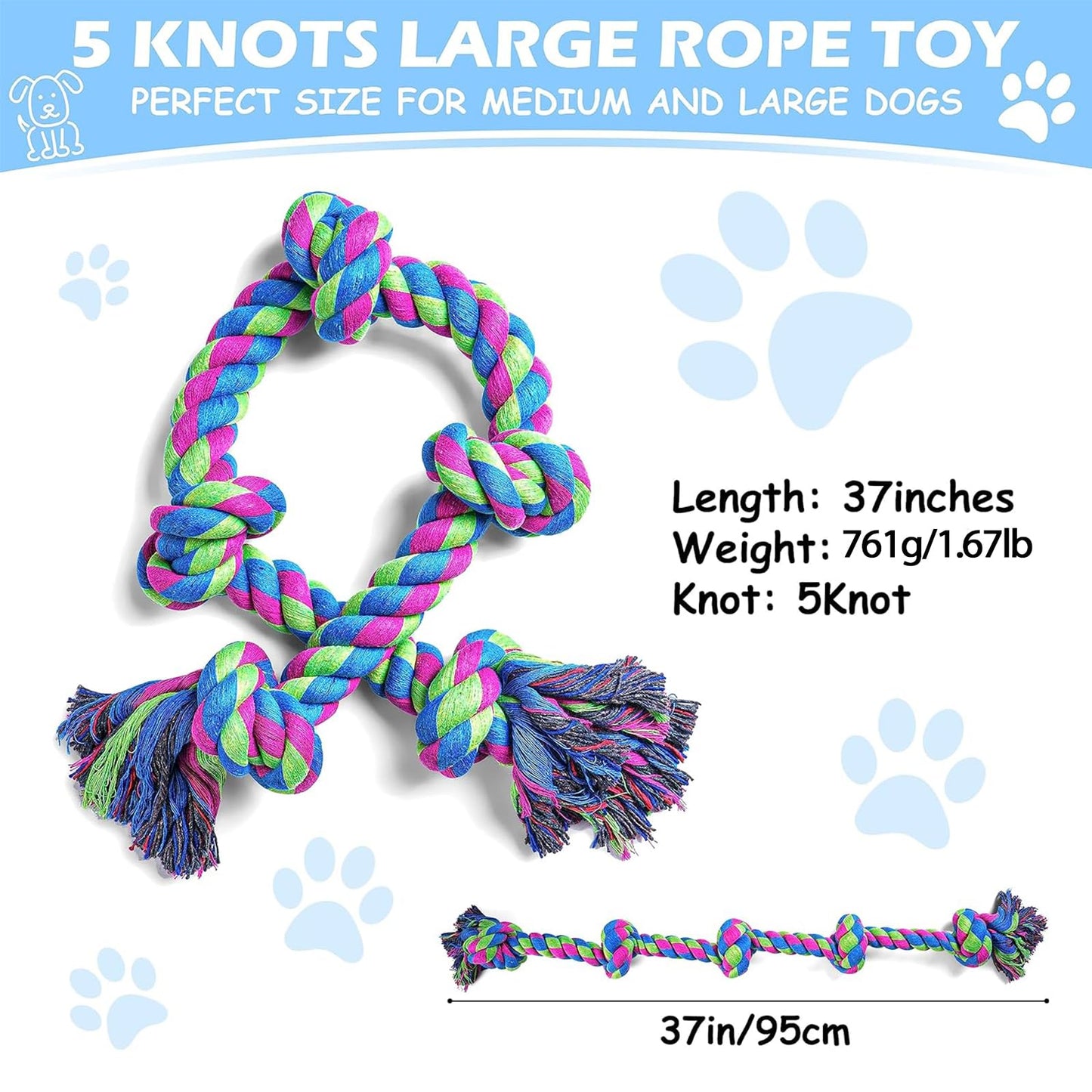 Aitmexcn Dog Rope Toys for Large Medium Breed Chewers – 37 Inch 5 Knots Indestructible Dog Chew Toys, Tough Tug of War Rope for Teeth Cleaning, Interactive Play