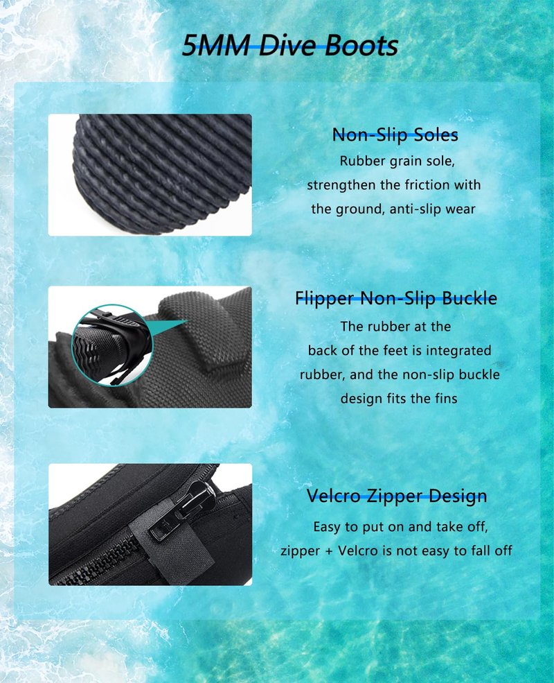 Skyone Neoprene Dive Boots, Men's & Women's 5MM Wetsuit Surf Booties, Tall Zippered Anti-Slip Rubber Sole Scuba Boots, Diving Booties for Sailing Snorkeling (Black, Mens 9 / Womens 10)