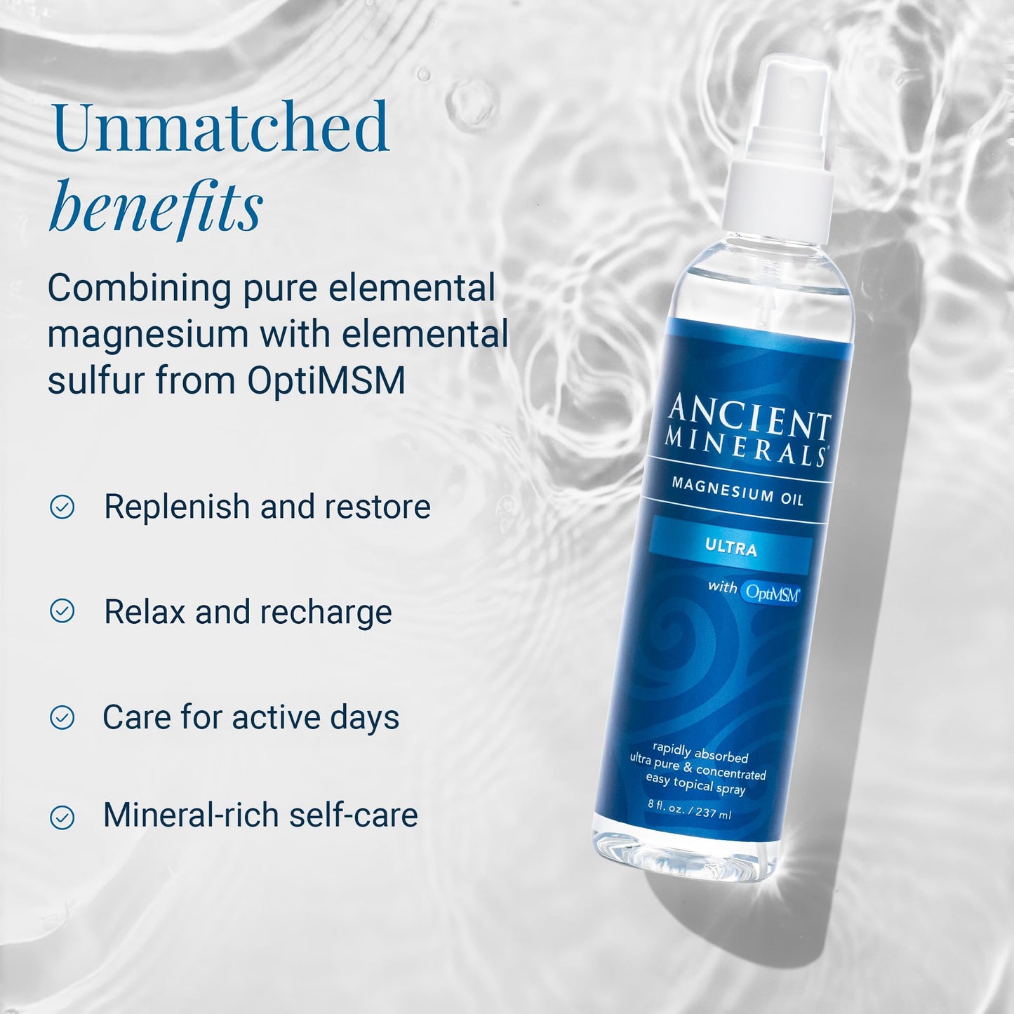 Ancient Minerals Magnesium Oil Ultra Spray with OptiMSM - Pure Genuine Zechstein Magnesium Chloride Supplement with MSM - Best Topical Skin Application for Dermal Absorption (8oz)