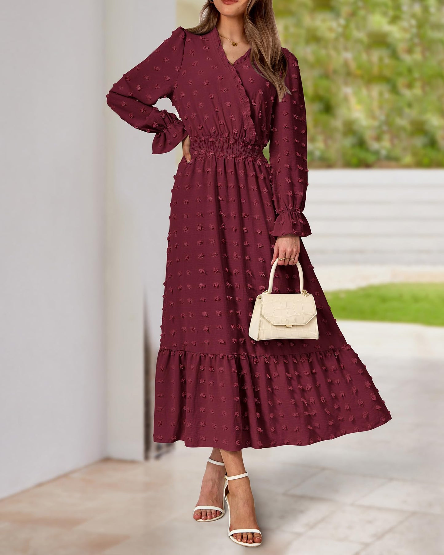 BTFBM Women Fall Maxi Dresses 2025 Long Sleeve V Neck Swiss Dots High Waisted A-Line Ruffle Boho Long Dress Vacation(Wine Red,Small)