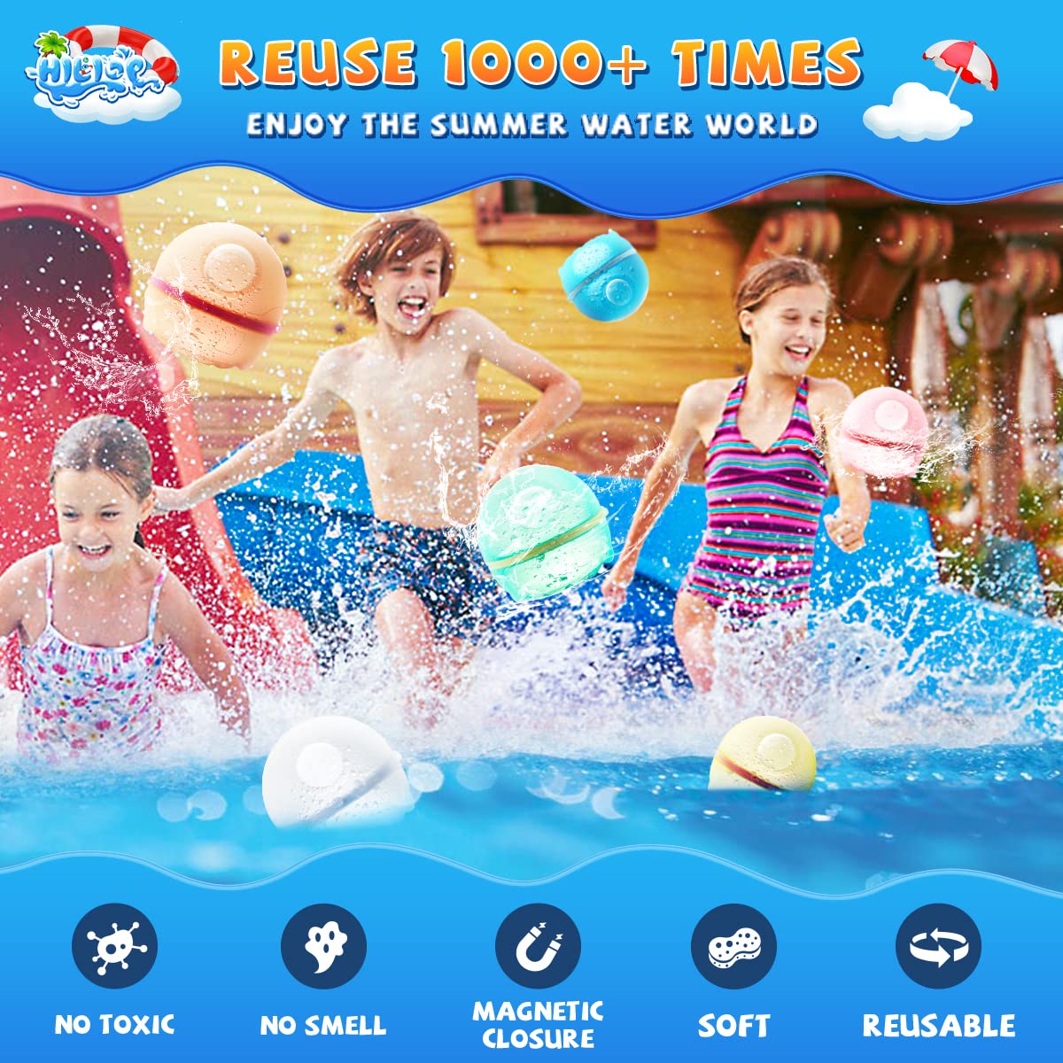 Hiliop 16PCS Reusable Silicone Refillable Water Balloons for Kids & Adults, Self-Sealing with Magnetic & Mesh Bag