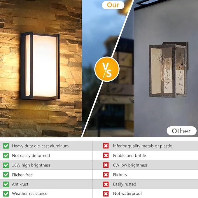 wowlite Outside Lights for House LED, 18W Modern Front Porch Light 3000K 4000K 6500K 3 Colors Changeable, Aluminum Outdoor Light Fixture, Exterior Sconce for Garage Garden Patio