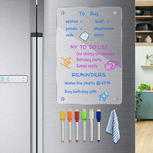 JonXon 8"x12" Acrylic Magnetic Dry Erase Board for Fridge, Clear Acrylic Magnet Calendar for Refrigerator,Includes 6 Dry Erase Markers(Clear Blank)