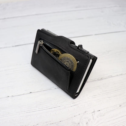 Stealth Wallet - Smart Minimalist Card Holders - RFID/NFC Blocking Pop Up Wallets with Gift Box - Credit Cards Holder & Contactless Protection (Black with Black Crazy Horse Leather and Coin Pocket)