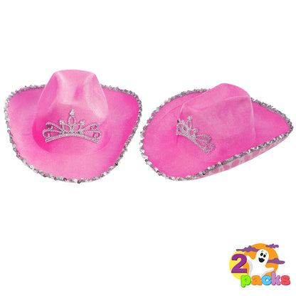 Spooktacular Creations 2 Pack Pink Cowboy Hat with Crown Blinking, Halloween Children's Pink Tiara Felt Cowboy Hats Accessories for Cosplay, Dress-up Party