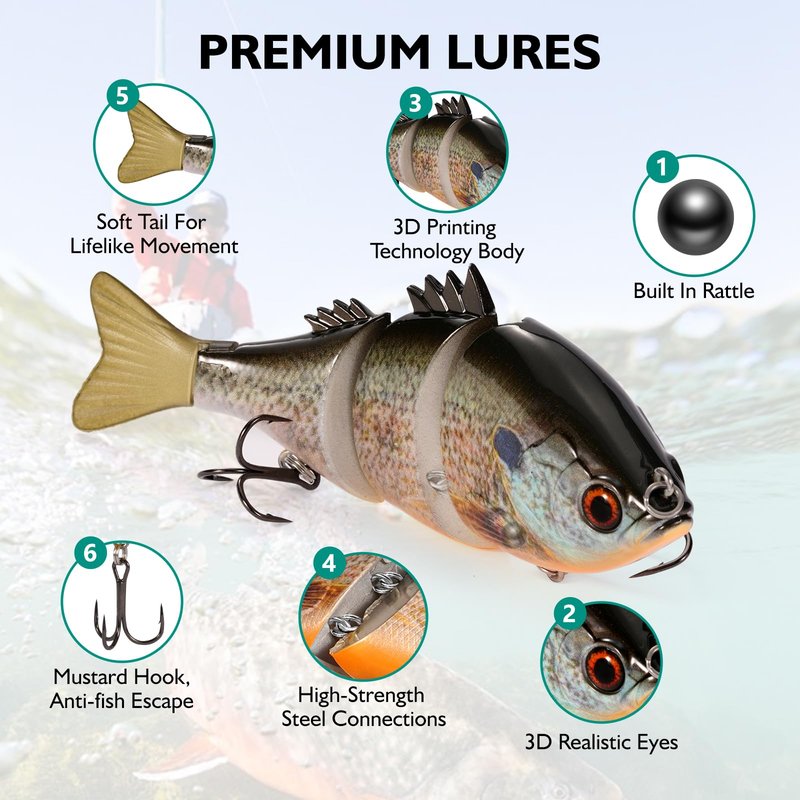 FONMANG 3-Pieces Swimbait Fishing Lures, 4.3in Lifelike Bluegill Multi-Jointed Slow Sinking Swim Bait, Fishing Lure for Large-Sized Bass, Walleye and Pike Fish in Freshwater and Saltwater-3Color