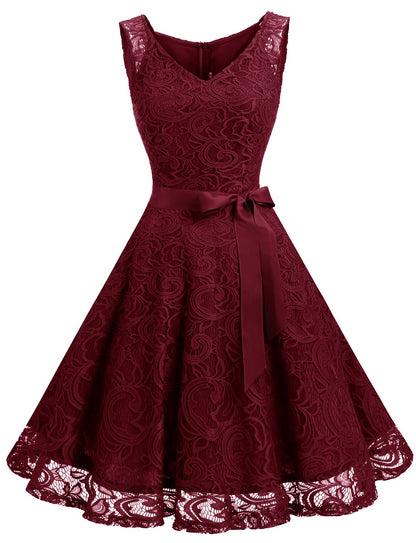 Dressystar 0010 Women Floral Lace Bridesmaid Party Dress Short Prom Dress V Neck Burgundy XXL
