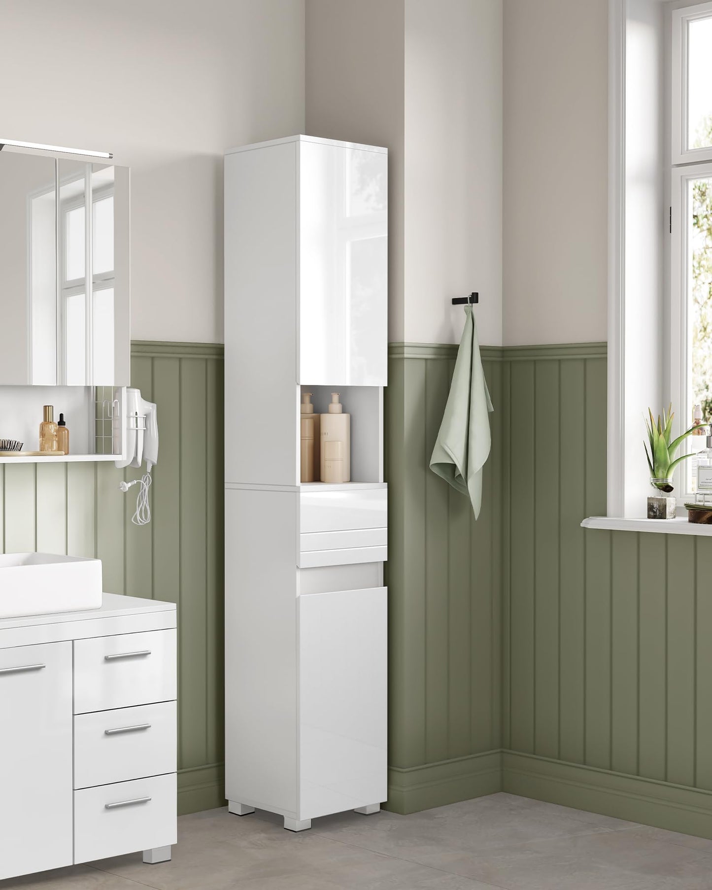 VASAGLE Tall Bathroom Cabinet, Slim Storage Cabinet, Narrow Cupboard, Bathroom Storage Unit, with a Drawer, Adjustable Shelves, 30 x 30 x 170 cm, White BBC560P31
