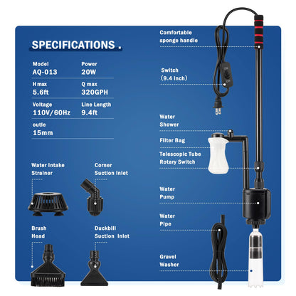 AQQA Aquarium Gravel Cleaner Kit, 6 in 1 Electric Fish Tank Vacuum Cleaning Tools Water Changer, Multifunction Wash Sand Filter Water Circulation 20W 320GPH 110V