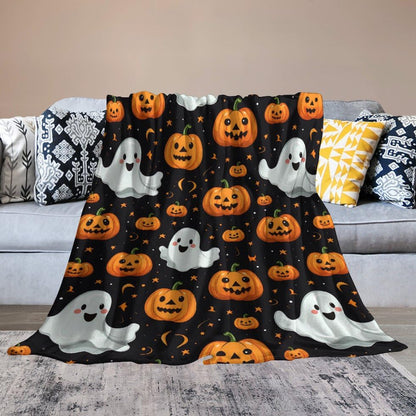 Flannel Fleece Blanket, Throw Soft Warm Fluffy Plush Blanket, Spider Webs Witch's Hat Black Bats and Decorated Pumpkins Print on Bed Couch Chair Living Room(40 * 30in,Halloween Happy)