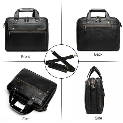 Bosidu Leather Briefcases for Men 15.6 Inch Laptop Messenger Bag with Triple Compartments Water-Resistant Computer Shoulder Bag for Business, Travel, Work, Office, Black
