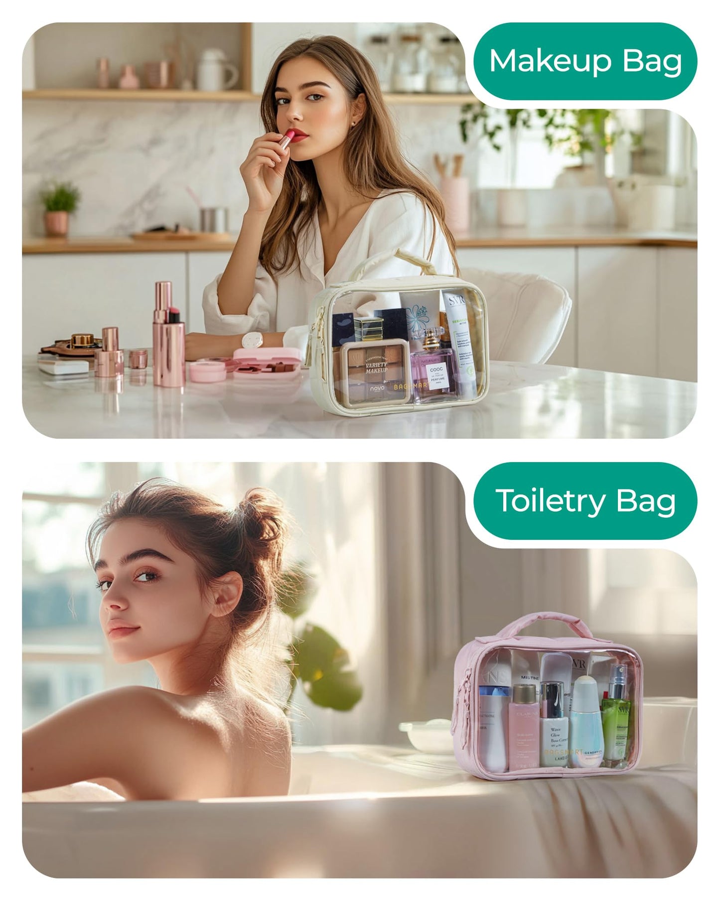 BAGSMART Clear TSA-Approved Toiletry Bag, Large Opening Quart Sized Makeup Bag with Handle, Double Zipper, Clear Cosmetic Organizer for Women