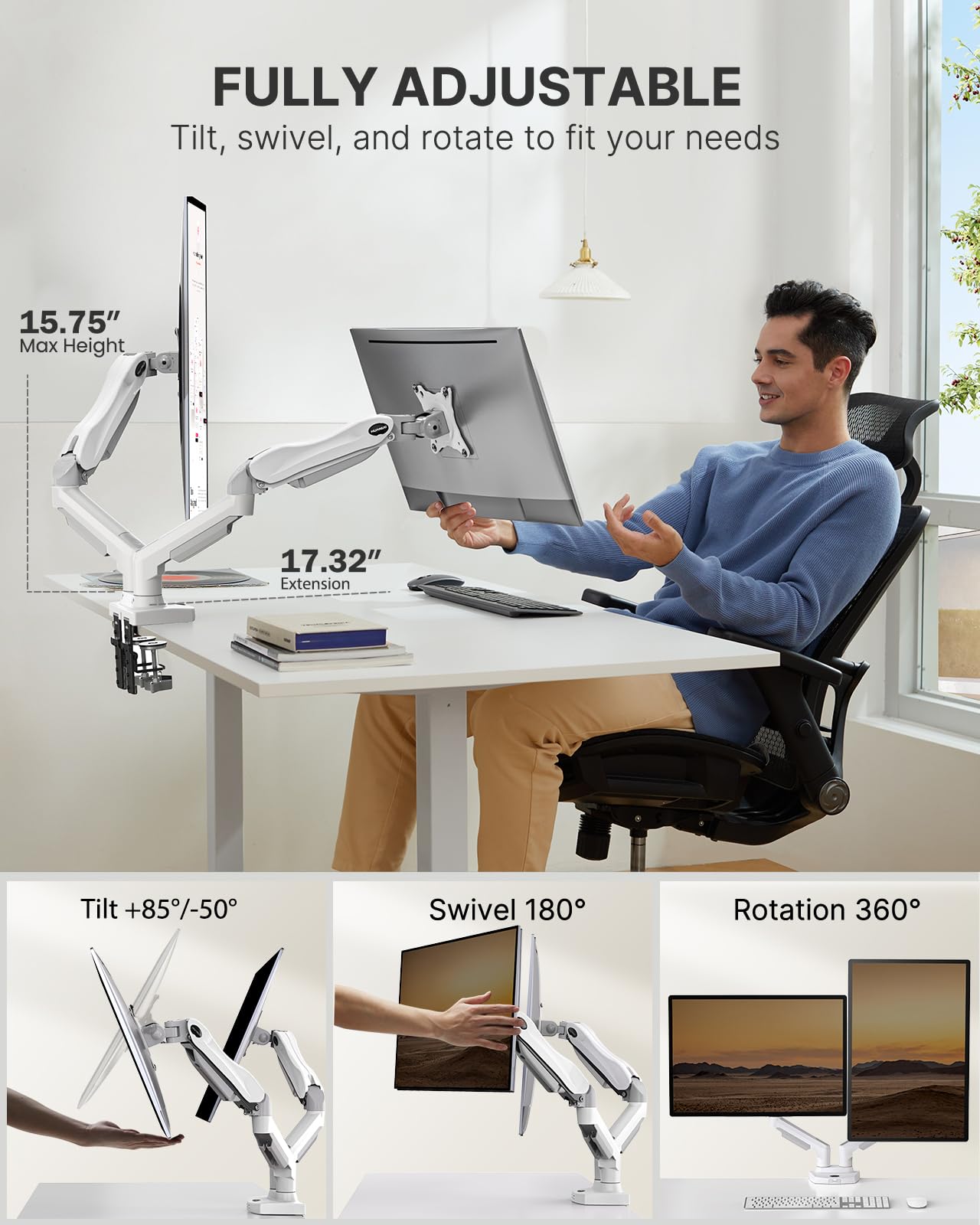 HUANUO Dual Monitor Stand - Full Adjustable Monitor Desk Mount Swivel Vesa Bracket with C Clamp, Grommet Mounting Base for 13 to 32 Inch Computer Screens - Each Arm Holds 4.4 to 19.8lbs - White