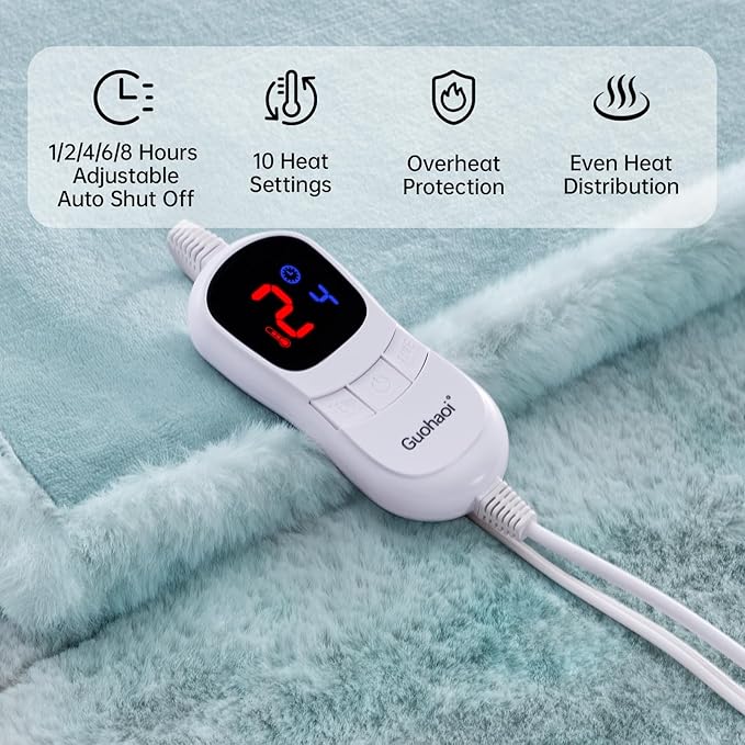 Guohaoi Heated Blanket Electric Throw, Soft Faux Rabbit Fur Electric Blanket with 10 Heating Levels 5 Sitting Timer Auto Off, Cozy Warm Heating Blankets, Machine Washable(84"×90" Blue)