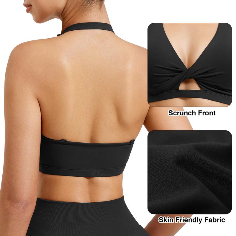VOYJOY Workout Sports Bras for Women Padded Backless Strappy Fitness Wireless Gym Medium Impact Bra Yoga Crop Top Black L