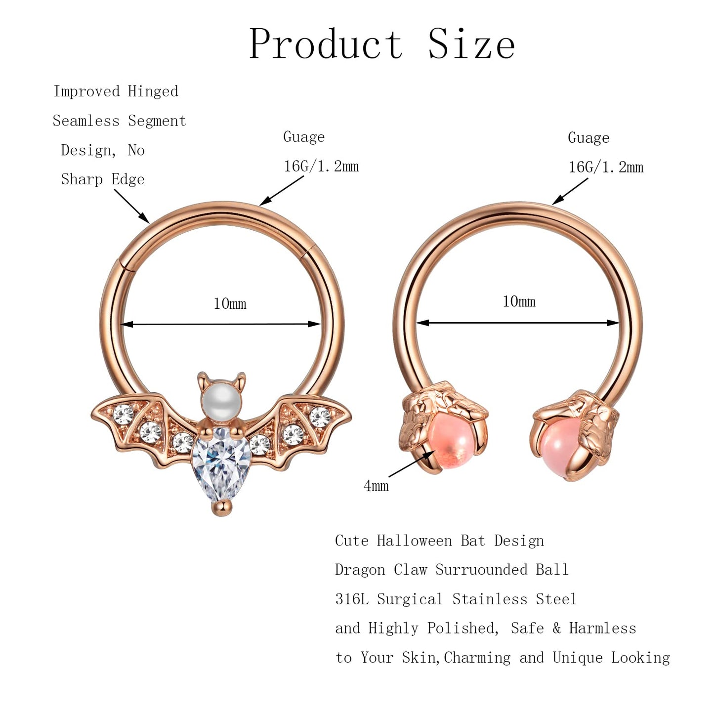 EVISPOL 2Pcs 16G Septum Nose Rings for Women Men, Stainless Steel Halloween Bat Septum Jewelry Dragon Claw Horseshoe CZ Septum Clicker Cartilage Daith Tragus Helix Ear Piercing Jewelry-Rose Gold Bat-Dragon Claw