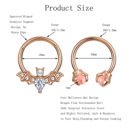 EVISPOL 2Pcs 16G Septum Nose Rings for Women Men, Stainless Steel Halloween Bat Septum Jewelry Dragon Claw Horseshoe CZ Septum Clicker Cartilage Daith Tragus Helix Ear Piercing Jewelry-Rose Gold Bat-Dragon Claw