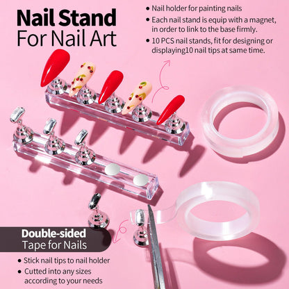 FANDAMEI Nail Art Brushes, Nail Brush Set With Nail Stand, Nail Holder For Painting Nails, Nail Art Tools, Nail Design Tools, 11PCS Nail Brushes For Nail Art, 5PCS Nail Dotting Tool, Nail Art Palette