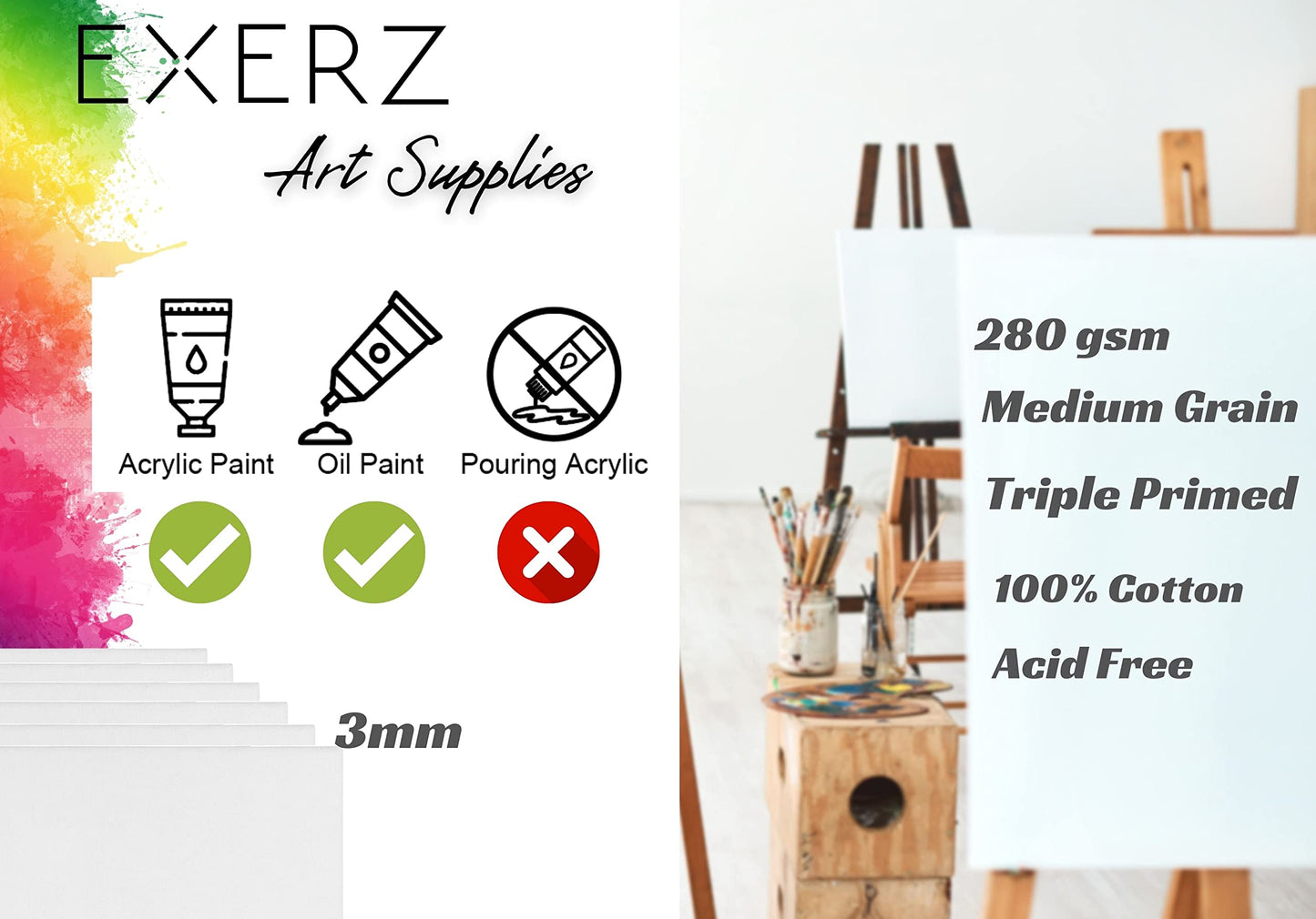 Exerz 30cm Round Canvas Panels 6pcs/ 3mm 280gsm 100% Cotton/Diameter 30cm Blank Artist Canvas Board/Triple Primed/Acid Free/Medium Grain - Oil & Acrylic