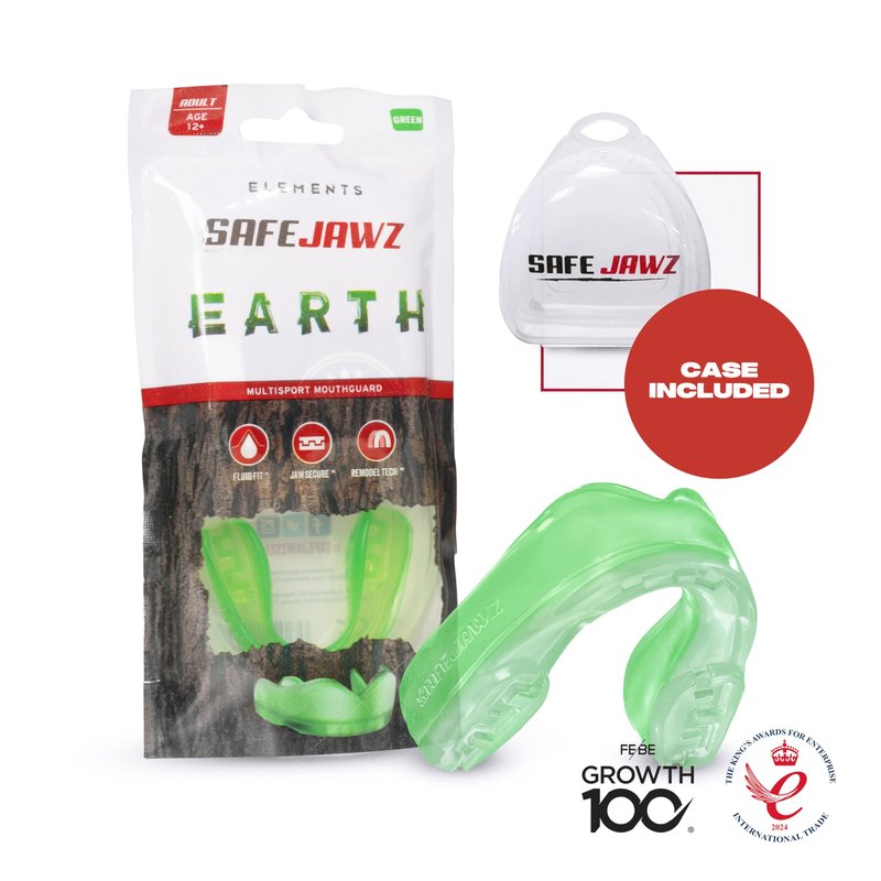 SAFEJAWZ Mouth Guard, Elements Dual Layer Mouthguard for Youth with Case, Easy Fit Remoldable Mouthpiece for Football, Boxing, Lacrosse, Basketball & All Contact Sports (Kids <11 Years, Earth Green)