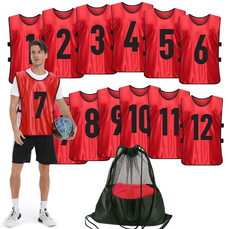 PULUOMASI Scrimmage Training Vest (12 Pack) Team Sports Pinnies Jerseys for Adult Youth Soccer Bibs Numbered Practice Jerseys Red L