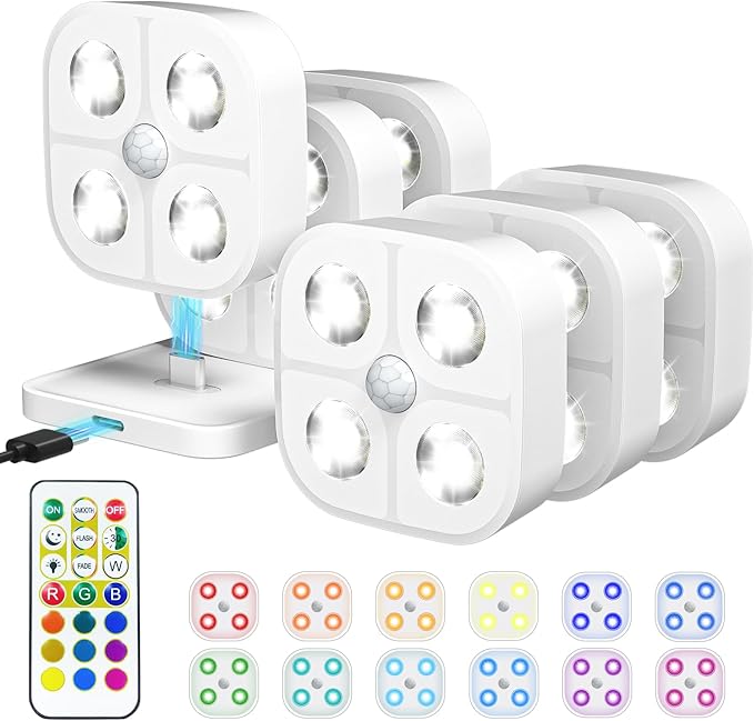 Wireless Step Light Rechargeable Puck Lights with Charging Station, RGB Motion Sensor Puck Light Under Cabinet Lighting with Remote Control, LED Closet Lights for Stair, Kitchen (6 Pcs)
