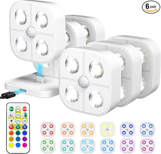 Wireless Step Light Rechargeable Puck Lights with Charging Station, RGB Motion Sensor Puck Light Under Cabinet Lighting with Remote Control, LED Closet Lights for Stair, Kitchen (6 Pcs)