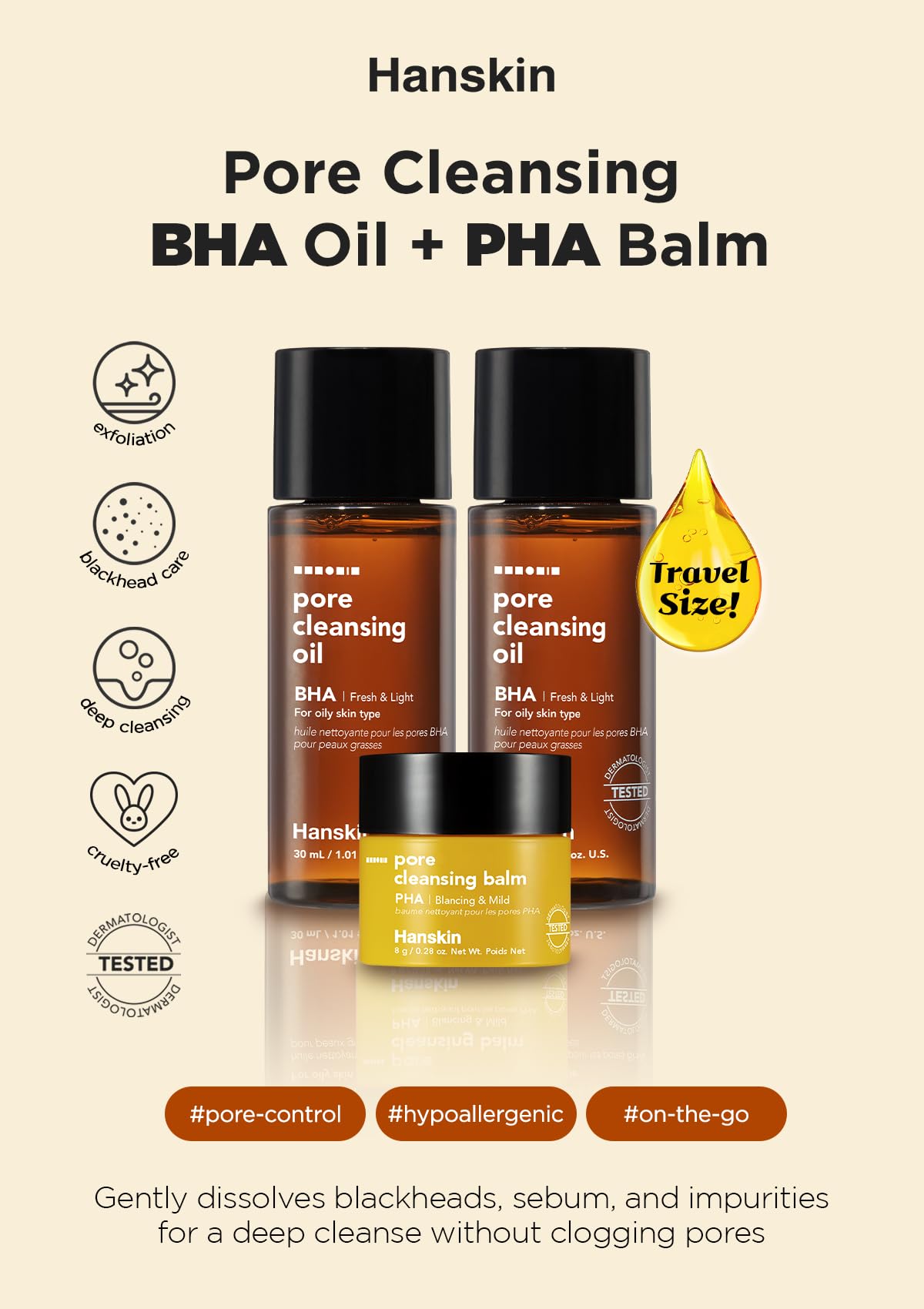 Hanskin BHA Pore Cleansing Oil, Gentle Blackhead Cleanser and Makeup Remover for Combination and Oily Skin, Korean Skincare [BHA/10.14 oz]