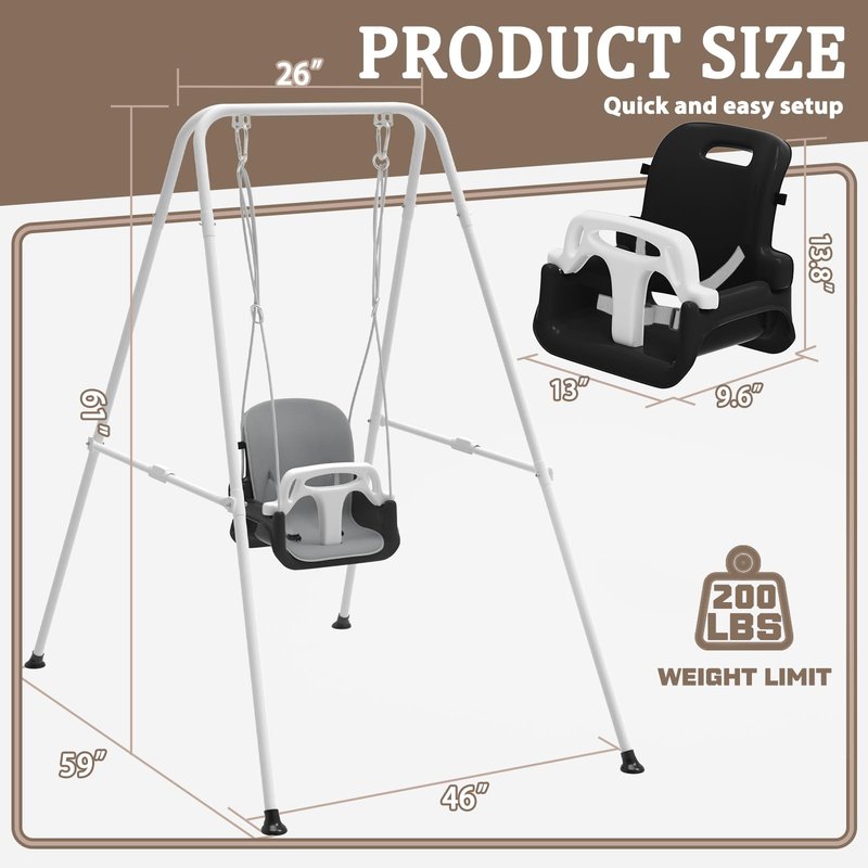 Toddler Swing with Soft Cushion, Foldable Indoor & Outdoor Baby Swing, Easy to Install & Store for Backyard Play (Black)