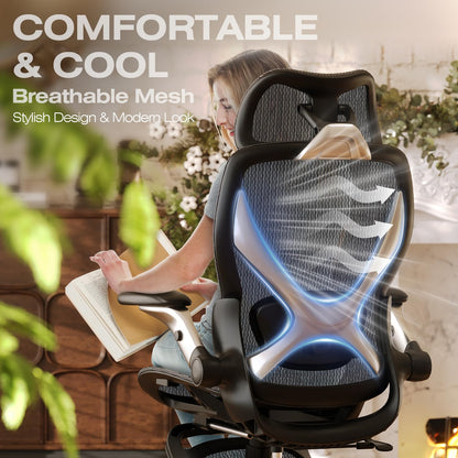 ELABEST X100 Ergonomic Office Chair with Footrest, Big and Tall Home Desk Chair with 5D Flip-Up Arms, Adjustable 3D Adaptive Lumbar Support,High Back Rolling Computer Chair, Swivel Gaming Mesh Chairs