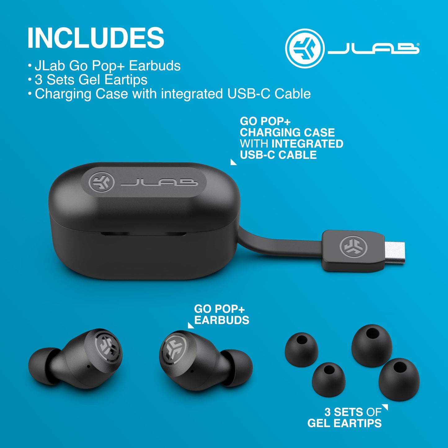JLab Go Air Pop+ True Wireless Earbuds, In Ear Headphones, Bluetooth Earphones, 35H Playtime Ear Buds, Bluetooth Earbuds with Microphone, USB-C Charging Case, Dual Connect, EQ3 Sound, Midnight Black