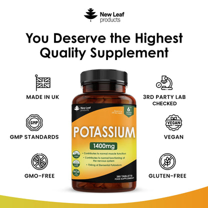 Potassium Supplements 1400mg High Strength - 360 Vegan Potassium Tablets Mineral Electrolytes Supplement Contributes to Normal Muscle Function, Nervous System - Gluten-Free, Non-GMO, Made in UK