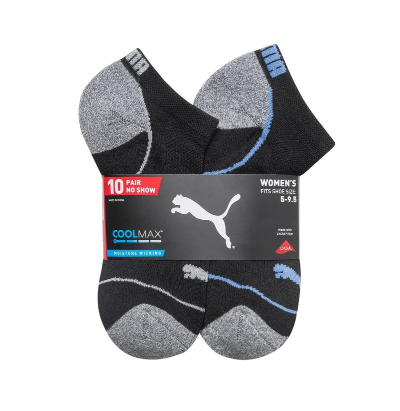 PUMA Women's Sports No-Show Socks, 5-9.5 Shoe Size, Black, 10 Pairs