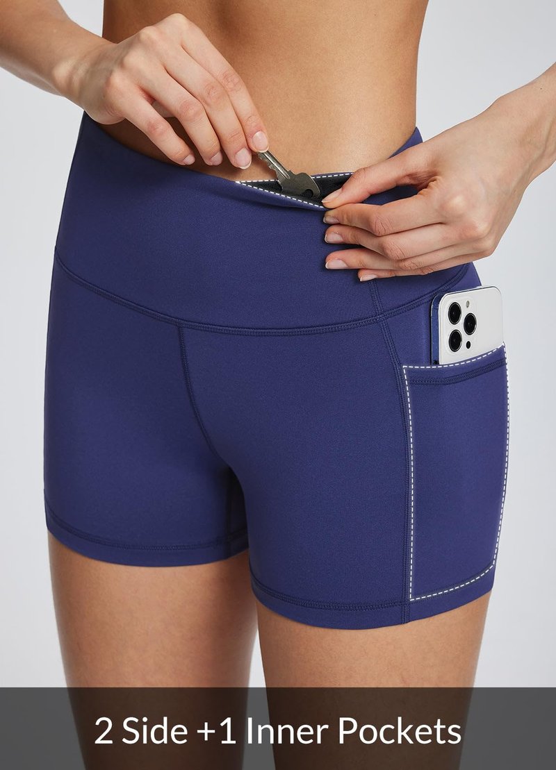 baleaf Gym Workout Shorts Women 3" Biker Yoga Spandex Running Volleyball Tummy Control Compression Short with Pockets Navy Blue XS