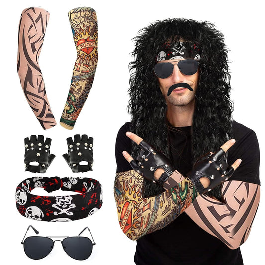7 Pcs Rocker Costume Men's Wigs Black Curls Disco Costume Men's Party Costume Men with Wigs Sunglasses Beards Sleeves Gloves Headscarves for 70s 80s 90s, Medium