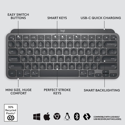 Logitech MX Keys S Wireless Keyboard, Low Profile, Fluid Precise Quiet Typing, Programmable Keys, Backlighting, Bluetooth, USB C Rechargeable, for Windows PC, Linux, Chrome, Mac - Graphite