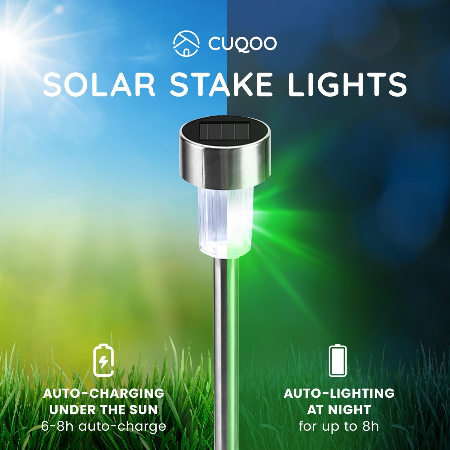 CUQOO Solar Garden Stake Lights – 10 Pack Colour-Changing LED, Weatherproof Stainless Steel Solar Lights for Outdoor Pathway Lighting – Rechargeable with Automatic Night Activation [Energy Class A+]