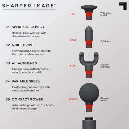 Sharper Image Percussion Massage Gun, Powerboost Move, Lightweight & Portable, 4 Attachments, 4 Speeds, Full Body Back & Shoulder Massager for Deep Tissue Muscle Recovery, Pain Relief & Soreness