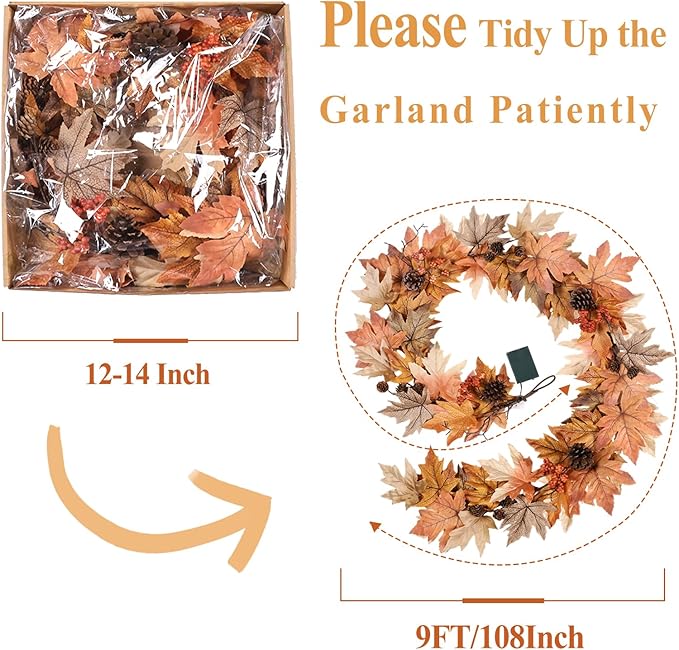 9 FT Fall Garland with Lights Timer Function Autumn Fall Leaves Garland with Berries Pine Cones Realistic Automatic ON/Off Timer Fall Decorations for Home Mantle Fireplace Porch Door Table