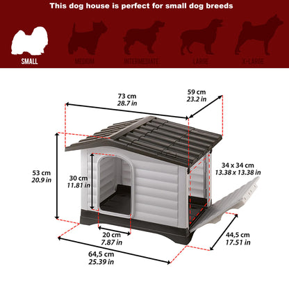Ferplast Dog Villa Indoor and Outdoor Dog House for Small Dog Breeds, Measures 28.75L x 23.23W x 20.87H Inches, Ventilated with Patented Fold-Out Porch, Cream with Dark Brown Bottom, Part # 87253099