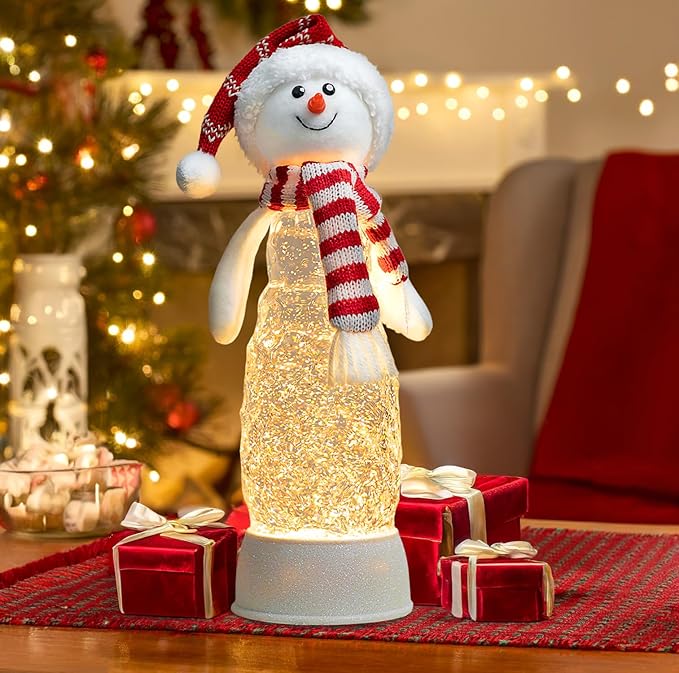Christmas Snowman Decorations, Lighted Snowman Plush Swirling Glitter Musical Christmas Snow Globe, Christmas Water Lantern Ornaments for Festival Decoration Gifts