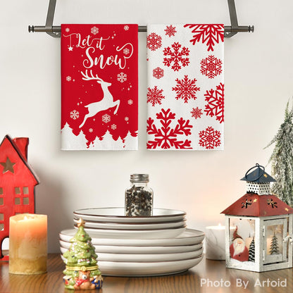 Artoid Mode Elk Merry Christmas Kitchen Towels and Dish Towels Red, 18 x 26 Inch Snow Winter Xmas Holiday Ultra Absorbent Drying Cloth Tea Towels for Cooking Baking Set of 4