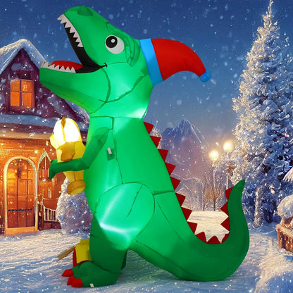 GOOSH 6.5 FT Christmas Inflatables Dinosaur Outdoor Decorations Blow Up Yard T Rex with Xmas Hat Holding a Bear with Built-in LEDs for Garden Lawn Indoor Party Décor