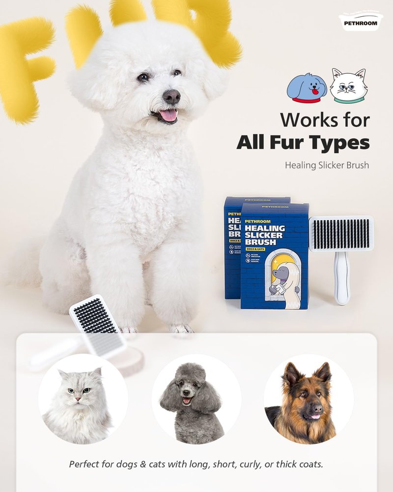 PETHROOM Self-Cleaning Slicker Brush for Dogs & Cats – Gentle Grooming & Deshedding Tool, Removes Mats & Tangles, Skin-Friendly Coated Tips, One-Touch Hair Removal Button
