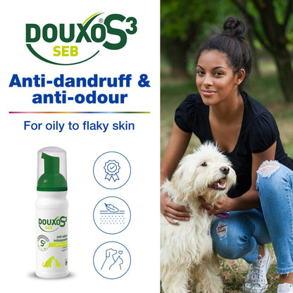 DOUXO S3 SEB Mousse, Dog & Cat Dandruff Solution, Soothing Leave-On Cat Mousse, Effective Mousse for Dog Dermatitis, Flaky & Oily Pet Skin, Hypoallergenic Fragrance, Dog Dandruff Mousse, 150ml