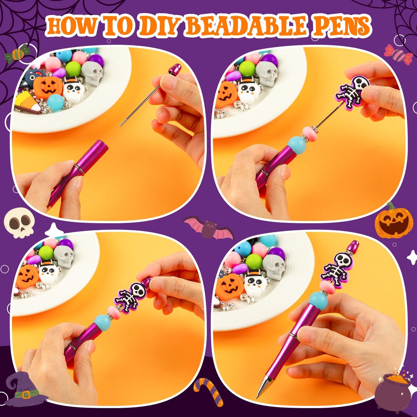 FFNIU Halloween Beadable Pens, Plastic Bead Pens with 12 Pcs Silicone Beads, Pumpkin Bat Skull Pens for Halloween Gifts School Office Supplies