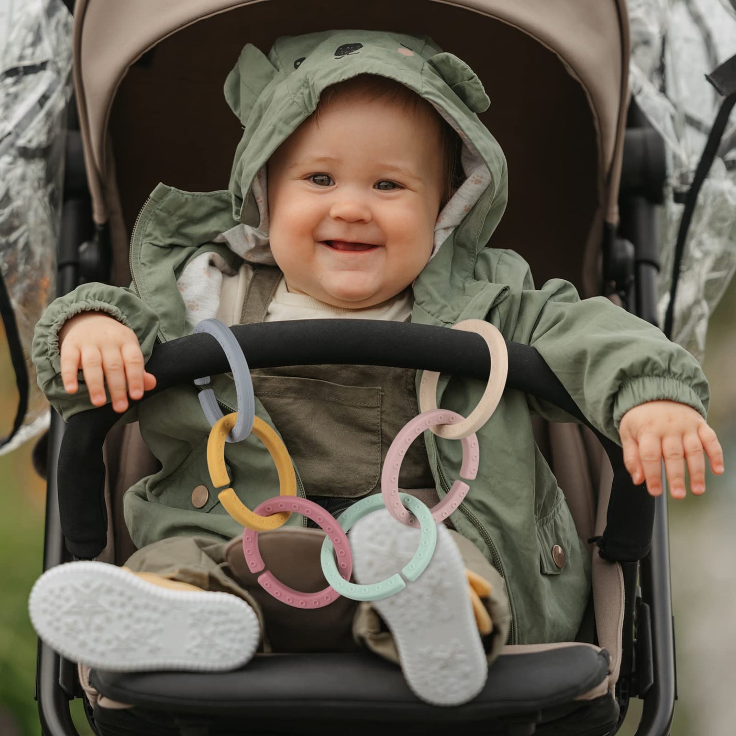 Baby Linkable Rings Set and Silicone Baby Teethers - Attach to Strollers, Car Seats & More - Food Grade Silicone, BPA & Phthalate Free (Set of 6)