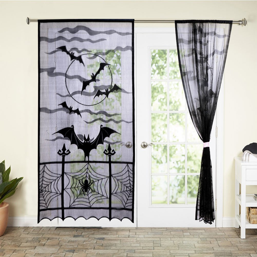 AerWo Halloween Curtains, 2PCS Spider Web Bats Curtains, Black Lace Door Curtain Panel Decor for Halloween Window Decorations, 40 x 84 Inch