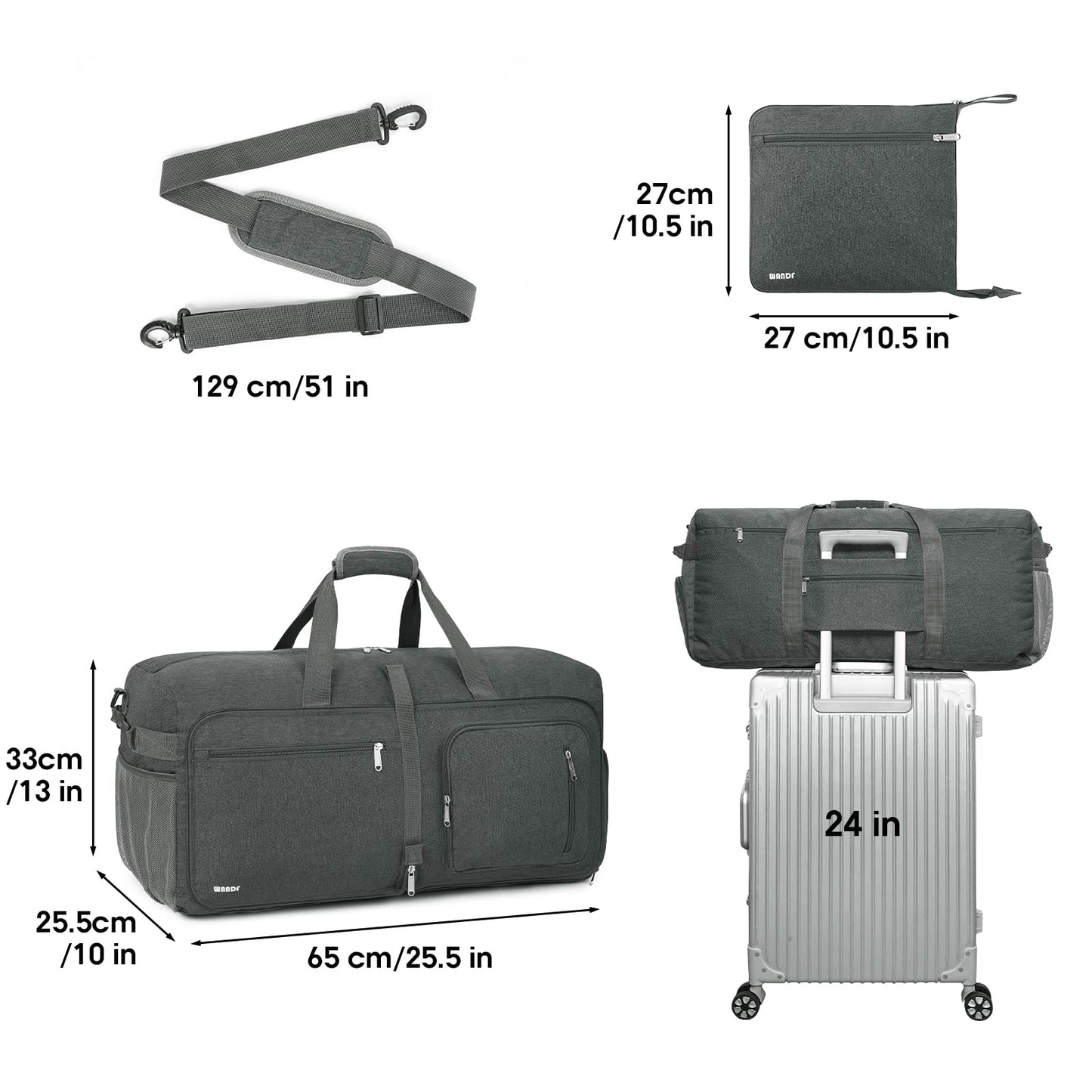 WANDF Travel Duffle Bag 65L Shoes Compartment Foldable Overnight Weekender Bag Carry On Bag for Men Women (Grey)