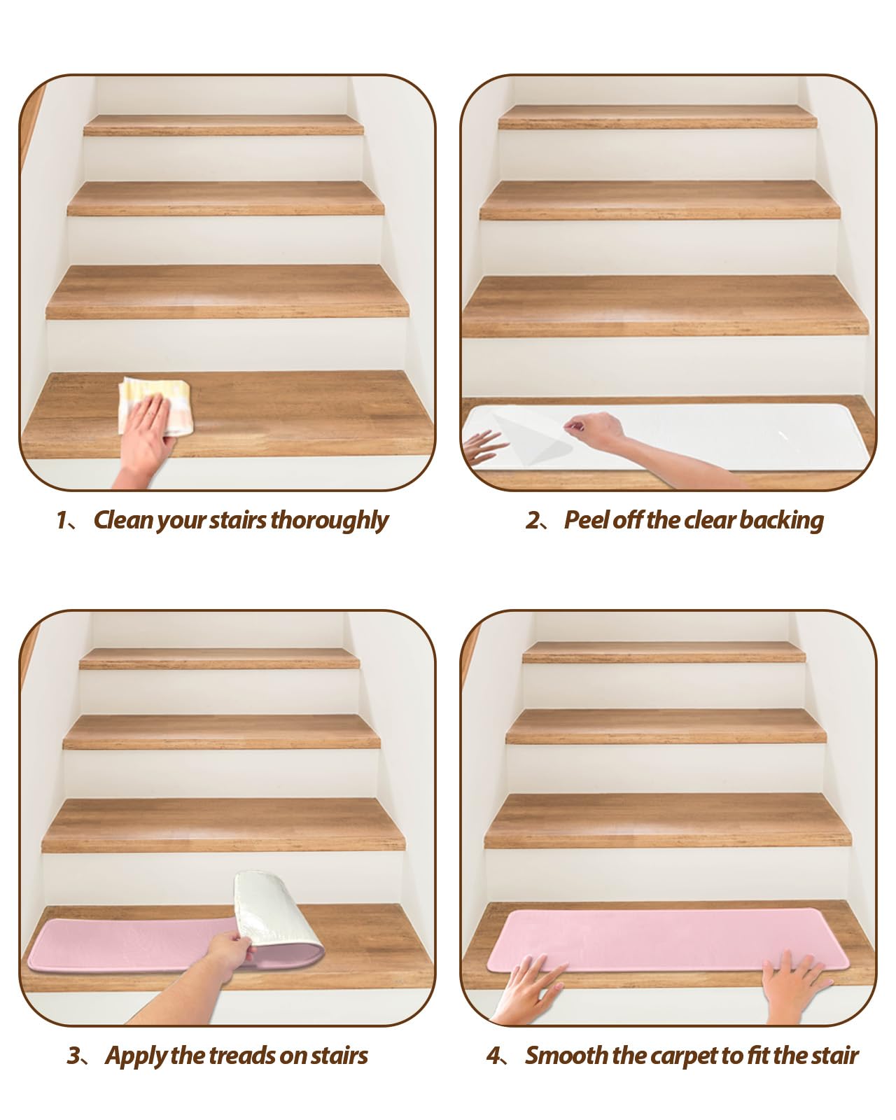 Light Pink Stair Treads for Wooden Steps Indoor, Non-Slip Stair Treads Carpet Peel & Stick Self-Adhesive Staircase Step Treads Runner Mat 7 Pack 8x30 Pure Pink Solid Color Simple Minimalism Art